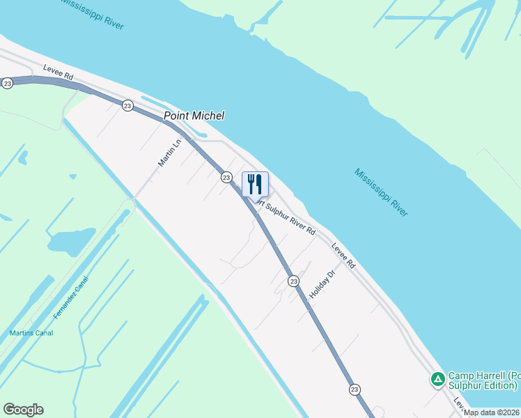 map of restaurants, bars, coffee shops, grocery stores, and more near 26033 Port Sulphur River Road in Port Sulphur