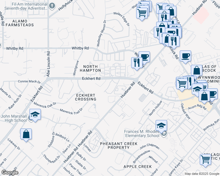 map of restaurants, bars, coffee shops, grocery stores, and more near 6160 Eckhert Road in San Antonio