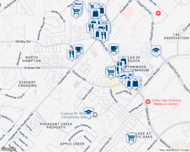 map of restaurants, bars, coffee shops, grocery stores, and more near 5911 Eckhert Road in San Antonio