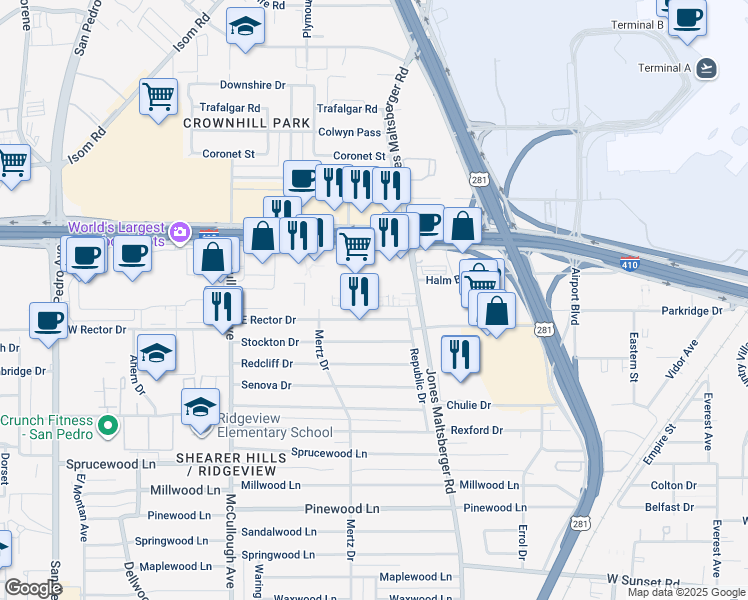 map of restaurants, bars, coffee shops, grocery stores, and more near 84 Northeast Interstate 410 Loop in San Antonio