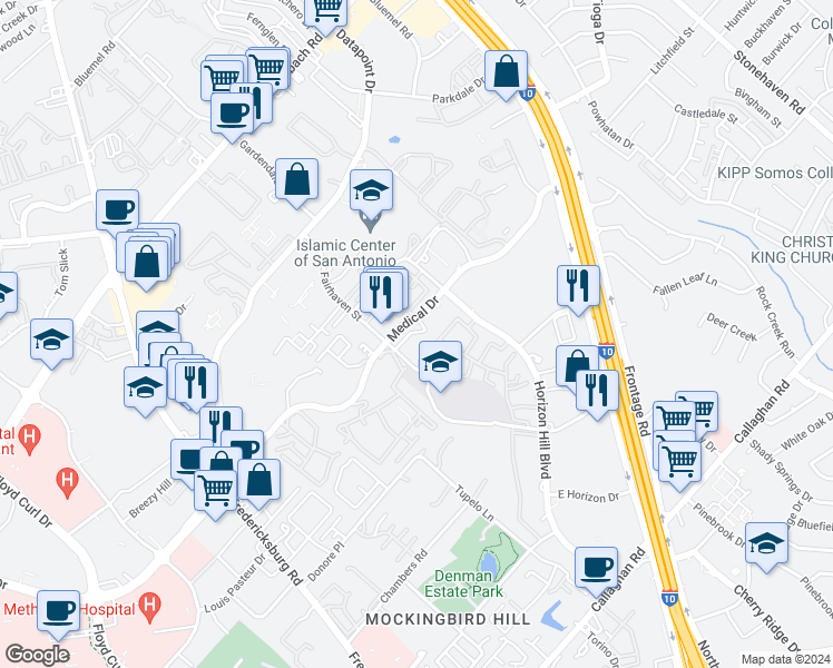 map of restaurants, bars, coffee shops, grocery stores, and more near 4041 Medical Drive in San Antonio