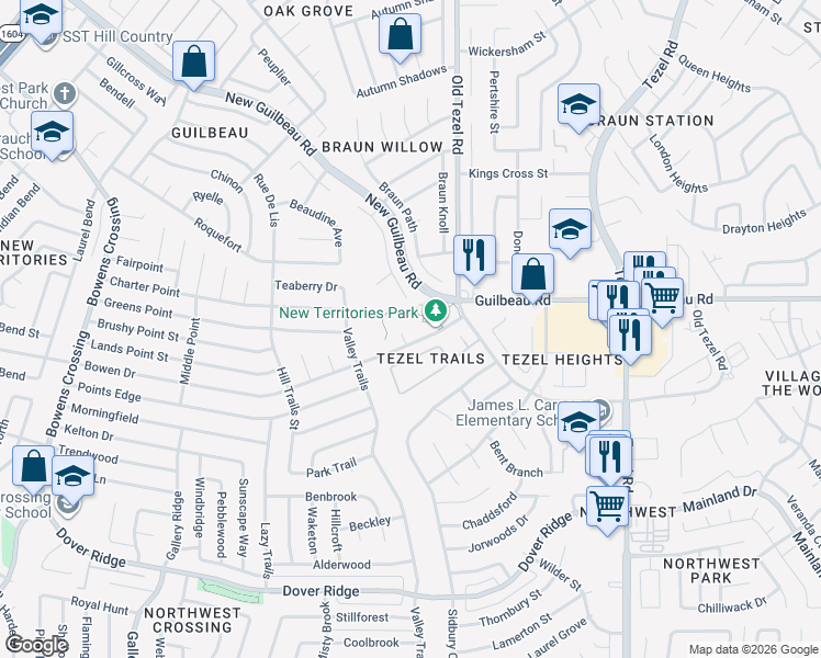 map of restaurants, bars, coffee shops, grocery stores, and more near 8111 Boughwood in San Antonio