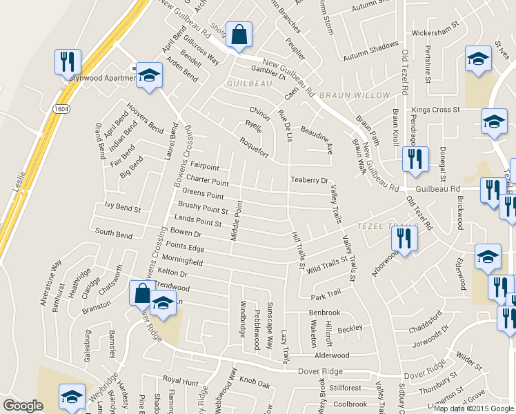 map of restaurants, bars, coffee shops, grocery stores, and more near 9320 Charter Point in San Antonio
