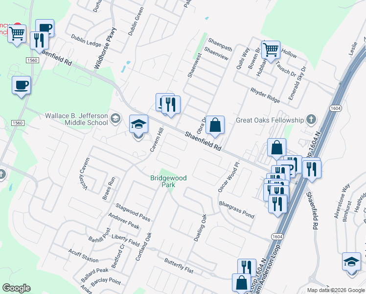 map of restaurants, bars, coffee shops, grocery stores, and more near 10807 Otter Pass in San Antonio