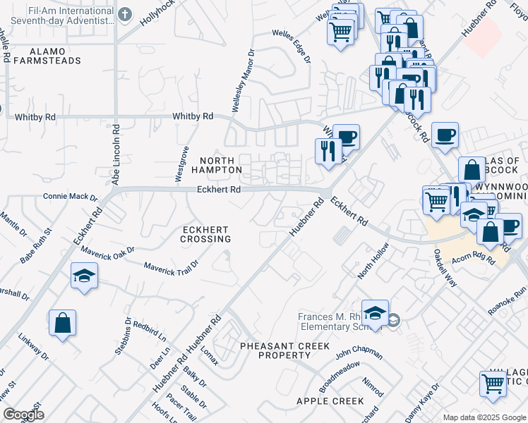map of restaurants, bars, coffee shops, grocery stores, and more near 6160 Eckhert Road in San Antonio