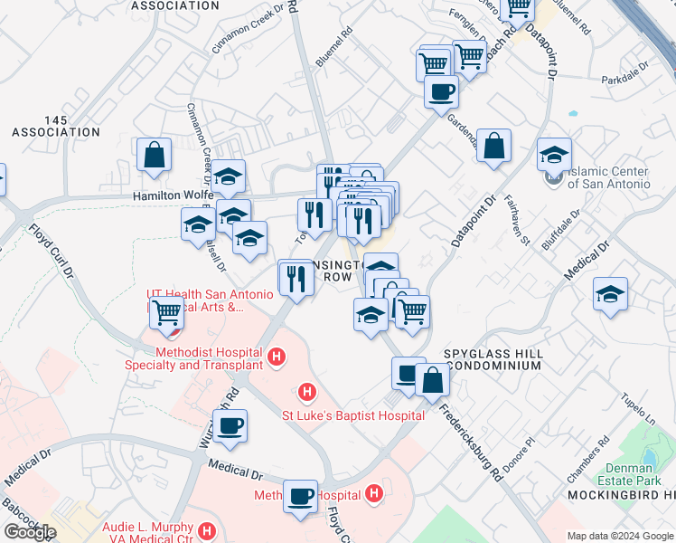 map of restaurants, bars, coffee shops, grocery stores, and more near 8415 Fredericksburg Road in San Antonio