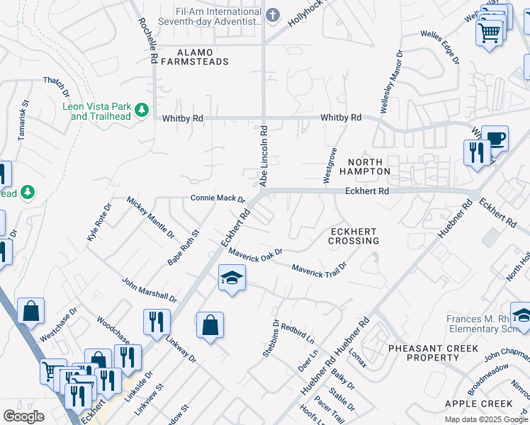 map of restaurants, bars, coffee shops, grocery stores, and more near 8380 Eckhert Road in San Antonio