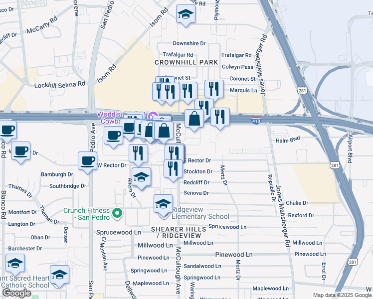 map of restaurants, bars, coffee shops, grocery stores, and more near 8713-8751 McCullough Avenue in San Antonio