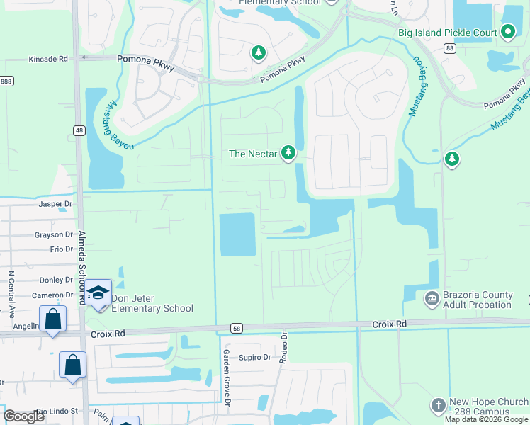 map of restaurants, bars, coffee shops, grocery stores, and more near 3121 County Road 58 in Manvel