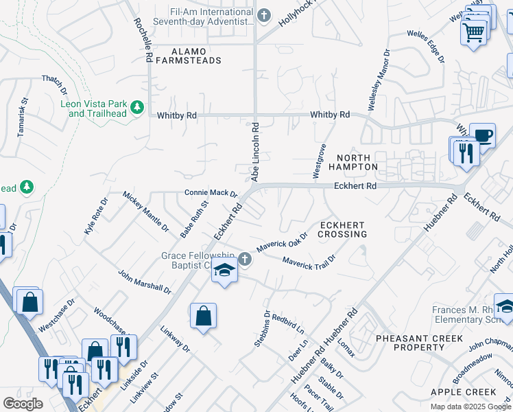 map of restaurants, bars, coffee shops, grocery stores, and more near 8360 Eckhert Road in San Antonio