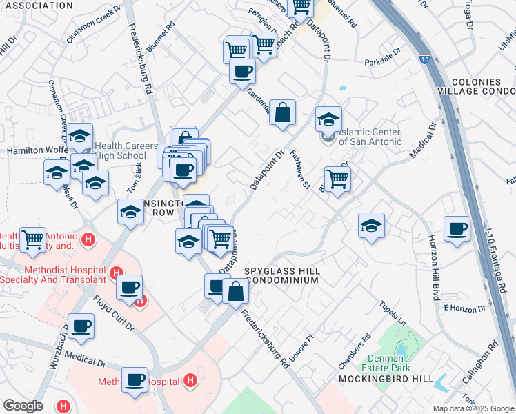 map of restaurants, bars, coffee shops, grocery stores, and more near 8550 Datapoint Drive in San Antonio