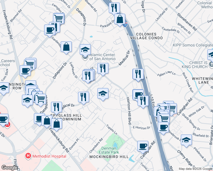 map of restaurants, bars, coffee shops, grocery stores, and more near 4400 Horizon Hill Boulevard in San Antonio