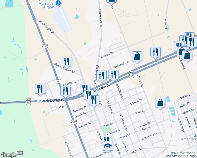 map of restaurants, bars, coffee shops, grocery stores, and more near 604 Oakland Avenue in Gonzales