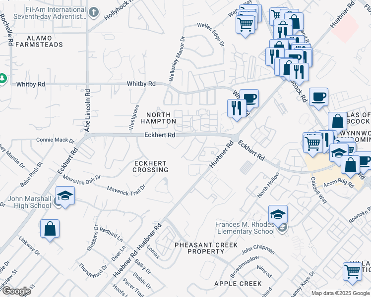 map of restaurants, bars, coffee shops, grocery stores, and more near 6160 Eckhert Road in San Antonio