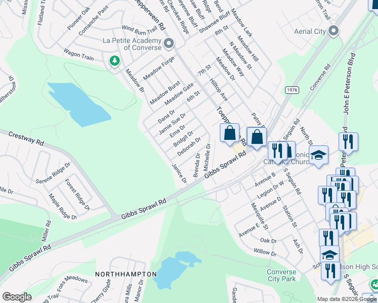 map of restaurants, bars, coffee shops, grocery stores, and more near 327 Deborah Drive in Converse