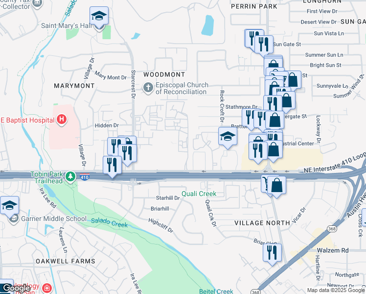 map of restaurants, bars, coffee shops, grocery stores, and more near 2461 Northeast Interstate 410 Loop in San Antonio