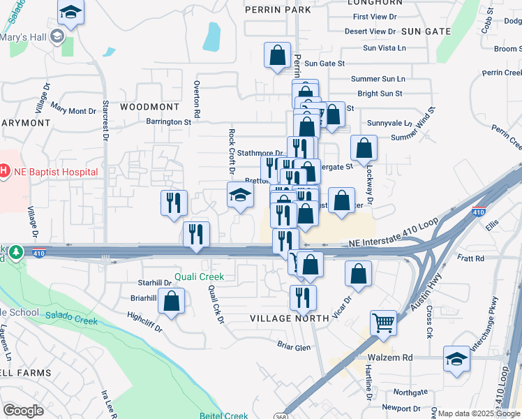 map of restaurants, bars, coffee shops, grocery stores, and more near 2607 Northeast Interstate 410 Loop in San Antonio