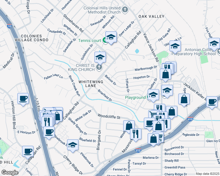 map of restaurants, bars, coffee shops, grocery stores, and more near 2919 Gainesborough Drive in San Antonio