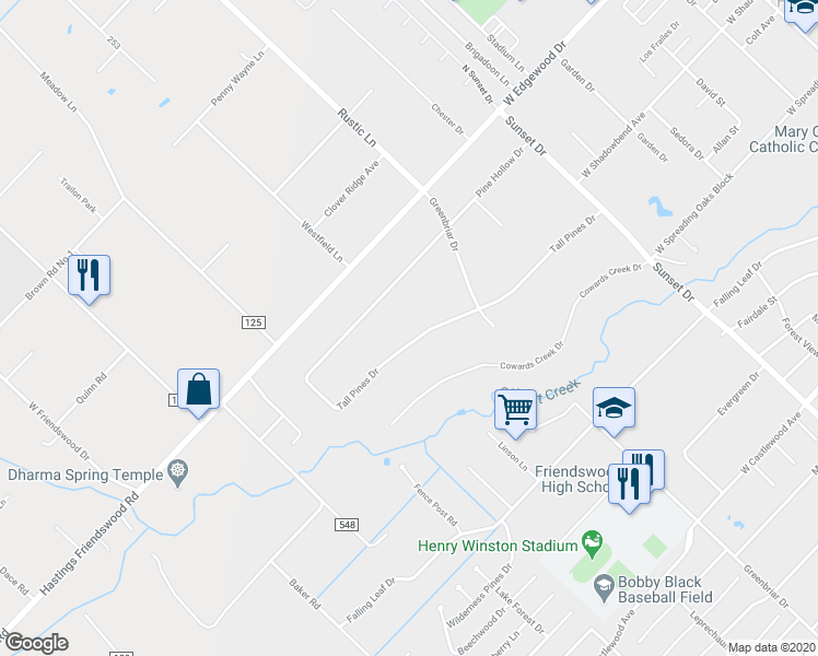 map of restaurants, bars, coffee shops, grocery stores, and more near 1102 Tall Pines Drive in Friendswood