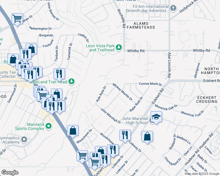 map of restaurants, bars, coffee shops, grocery stores, and more near 8318 Kyle Rote Street in San Antonio