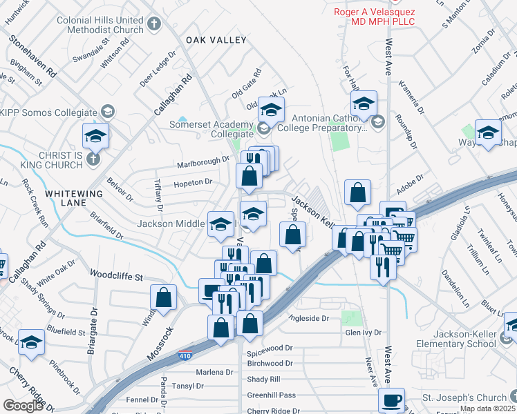 map of restaurants, bars, coffee shops, grocery stores, and more near 4 Jackson Keller Road in San Antonio