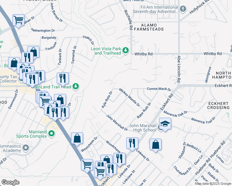 map of restaurants, bars, coffee shops, grocery stores, and more near 8318 Kyle Rote Street in San Antonio