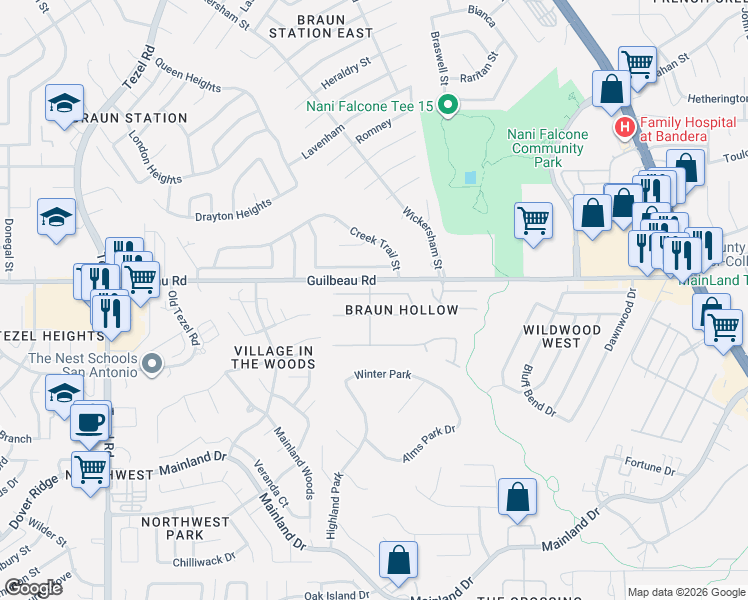 map of restaurants, bars, coffee shops, grocery stores, and more near 7722 Braun Circle in San Antonio