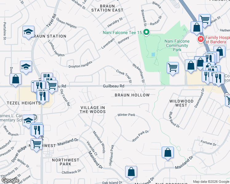 map of restaurants, bars, coffee shops, grocery stores, and more near 7818 Braun Circle in San Antonio