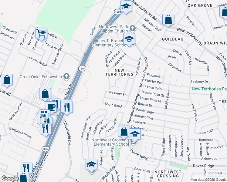 map of restaurants, bars, coffee shops, grocery stores, and more near 9608 Hollow Bend in San Antonio