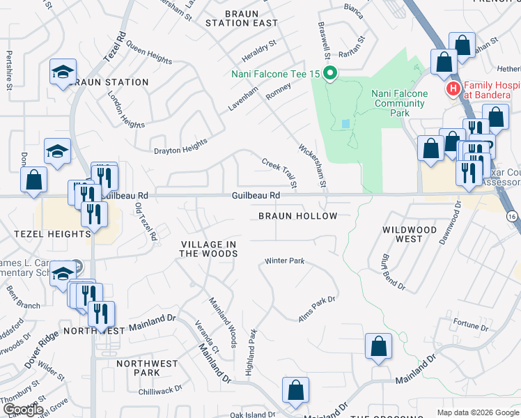 map of restaurants, bars, coffee shops, grocery stores, and more near 7818 Braun Circle in San Antonio