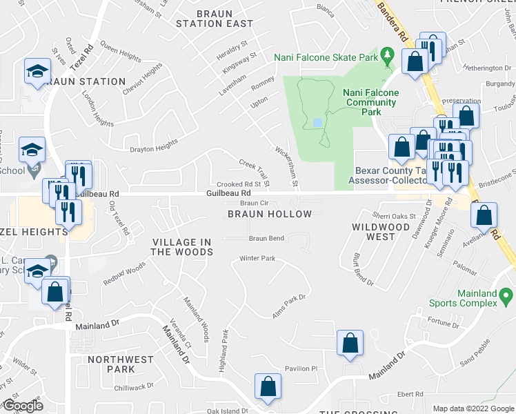 map of restaurants, bars, coffee shops, grocery stores, and more near 7722 Braun Cir in San Antonio
