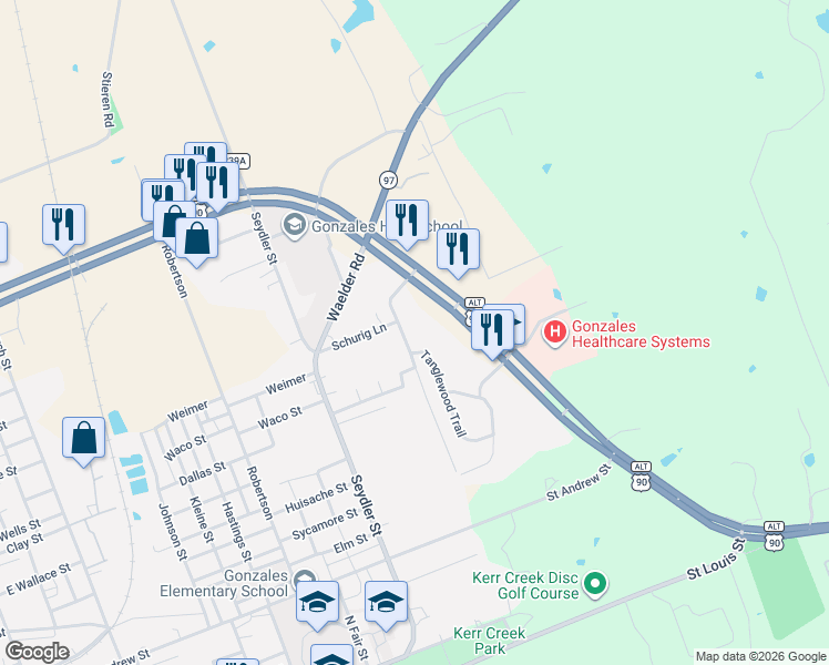 map of restaurants, bars, coffee shops, grocery stores, and more near 1405 Sarah DeWitt Drive in Gonzales