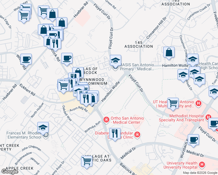 map of restaurants, bars, coffee shops, grocery stores, and more near 5303 Hamilton Wolfe Road in San Antonio