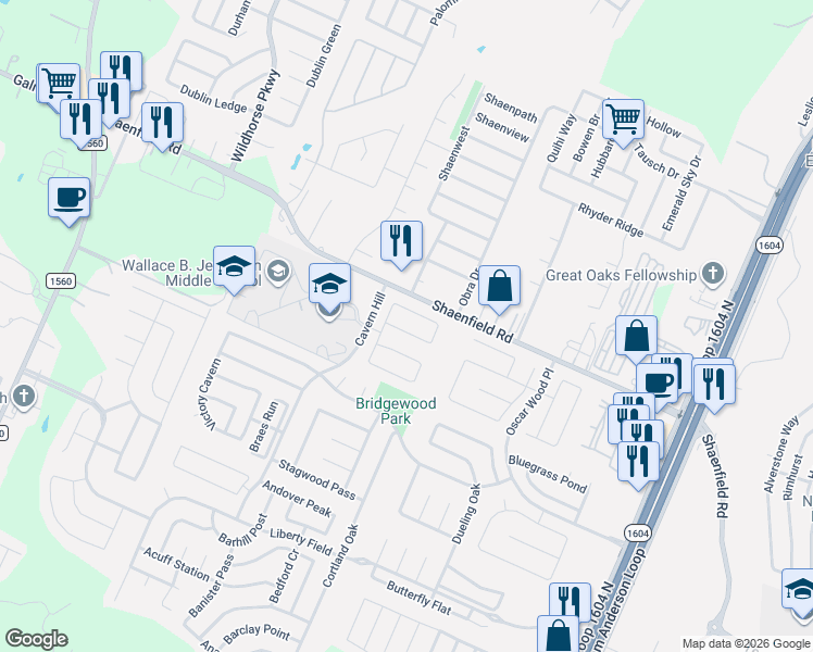 map of restaurants, bars, coffee shops, grocery stores, and more near 10839 Larson Cavern in San Antonio