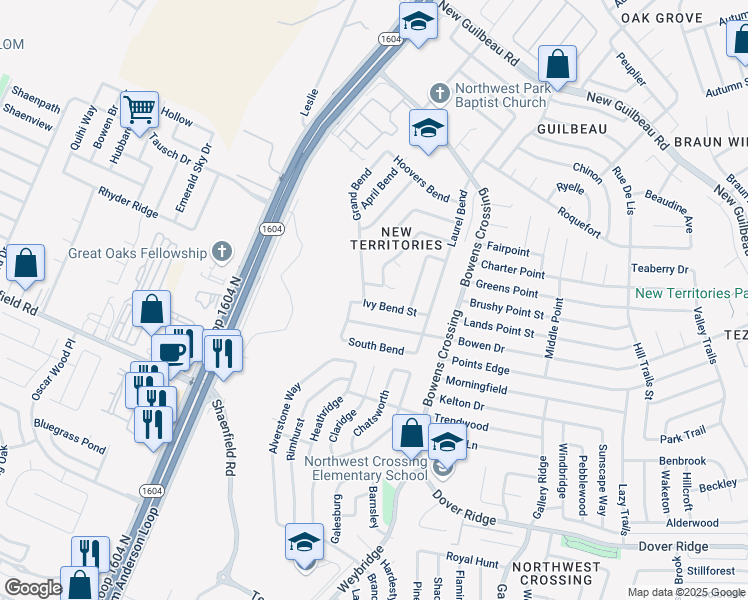 map of restaurants, bars, coffee shops, grocery stores, and more near 9608 Hollow Bend in San Antonio