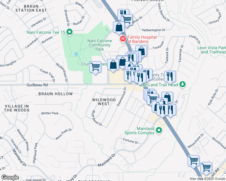 map of restaurants, bars, coffee shops, grocery stores, and more near 8230 Misty Willow Street in San Antonio