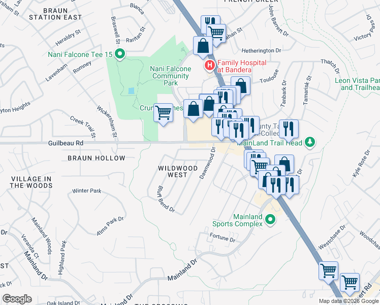 map of restaurants, bars, coffee shops, grocery stores, and more near 8230 Misty Willow Street in San Antonio