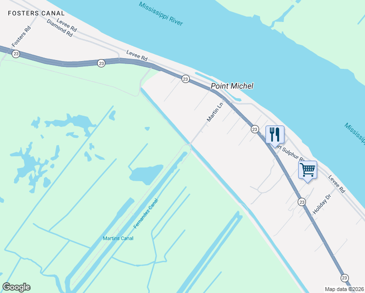map of restaurants, bars, coffee shops, grocery stores, and more near 496 Martin Lane in Port Sulphur