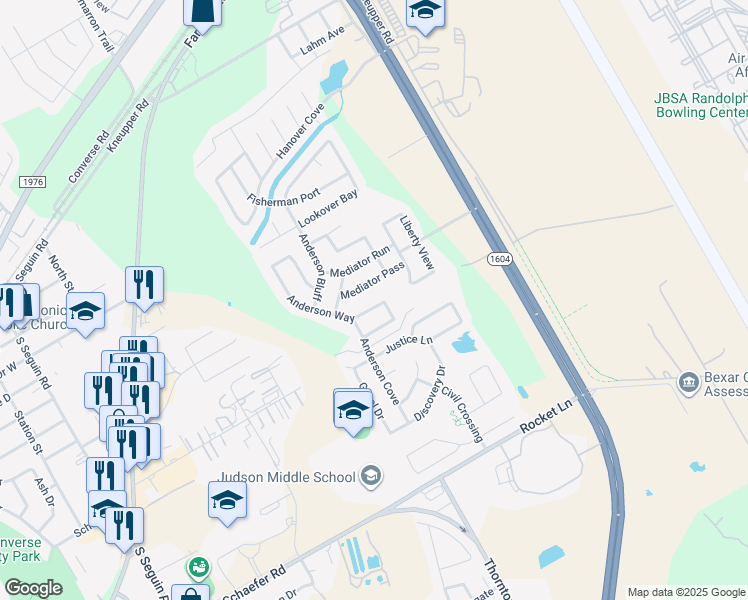 map of restaurants, bars, coffee shops, grocery stores, and more near 9639 Anderson Way in Converse