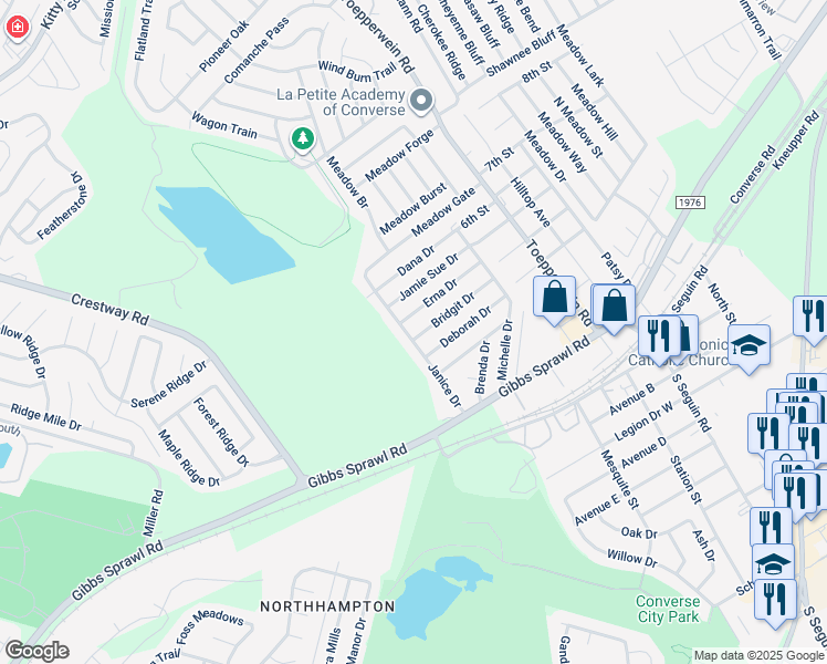 map of restaurants, bars, coffee shops, grocery stores, and more near 540 Erna Drive in Converse