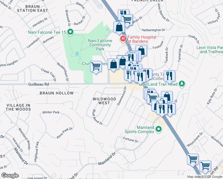 map of restaurants, bars, coffee shops, grocery stores, and more near 8230 Misty Willow Street in San Antonio