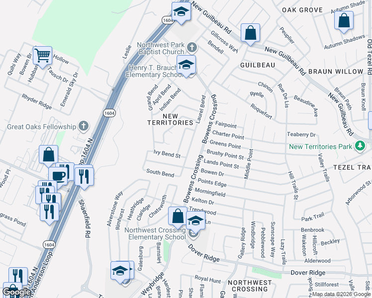 map of restaurants, bars, coffee shops, grocery stores, and more near 8012 Orchard Bend Street in San Antonio