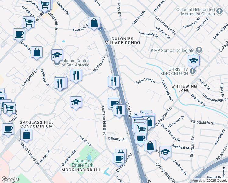 map of restaurants, bars, coffee shops, grocery stores, and more near 8342 Interstate Highway 10 in San Antonio