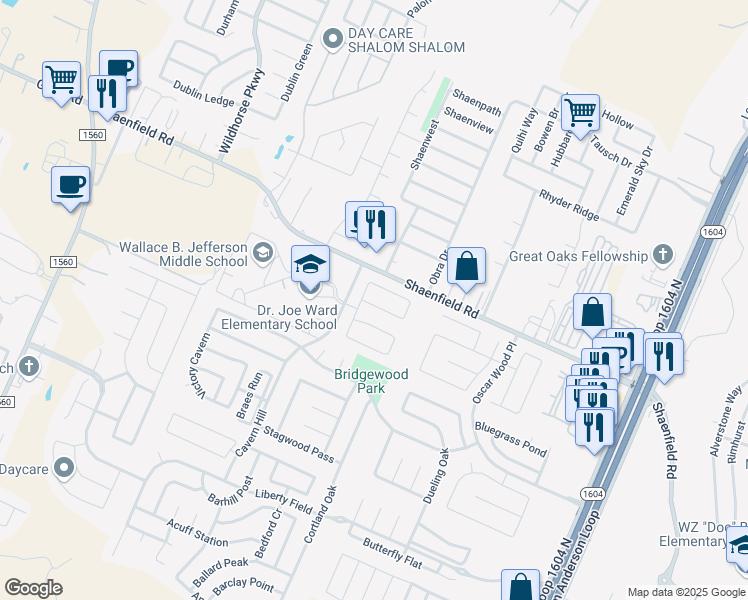 map of restaurants, bars, coffee shops, grocery stores, and more near 10839 Larson Cavern in San Antonio