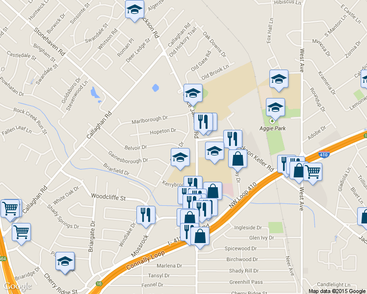 map of restaurants, bars, coffee shops, grocery stores, and more near 8602 Dudley Drive in San Antonio