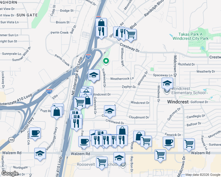map of restaurants, bars, coffee shops, grocery stores, and more near 210 Zephyr Drive in San Antonio