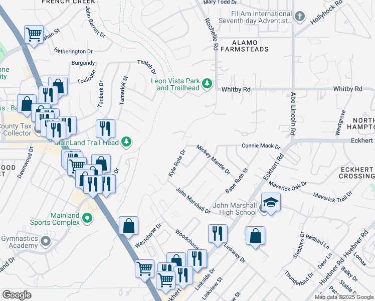 map of restaurants, bars, coffee shops, grocery stores, and more near 8318 Kyle Rote Street in San Antonio