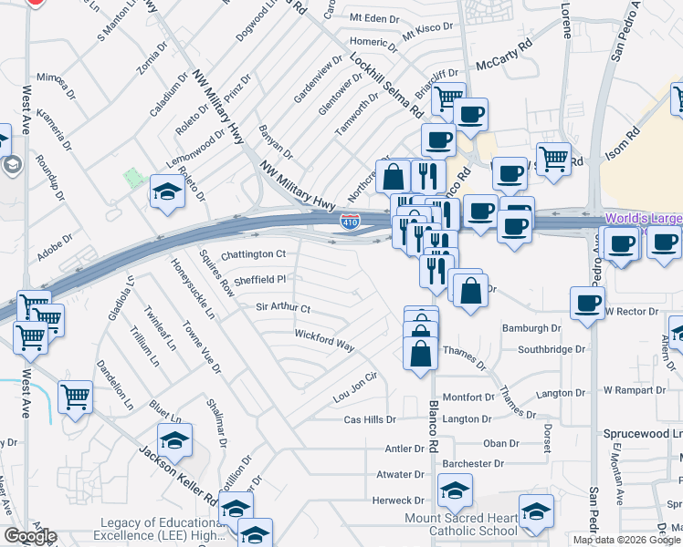 map of restaurants, bars, coffee shops, grocery stores, and more near 210 Chattington Court in San Antonio