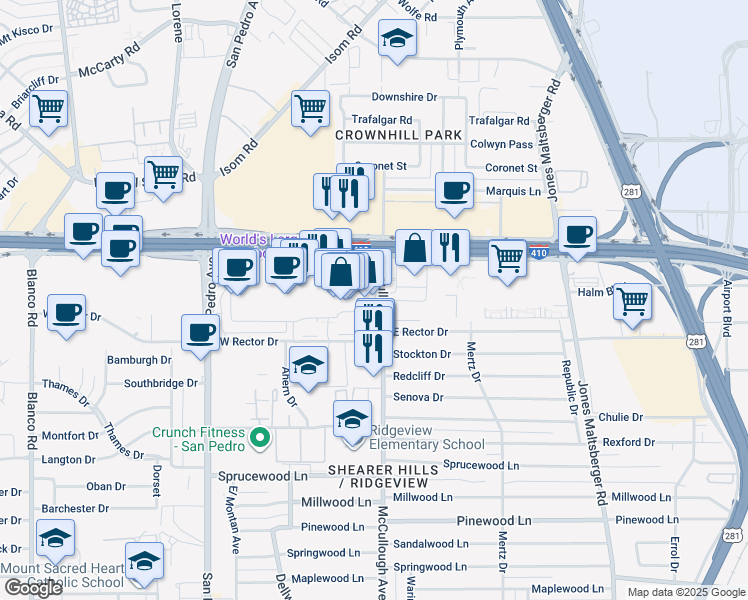map of restaurants, bars, coffee shops, grocery stores, and more near 8713 McCullough Avenue in San Antonio