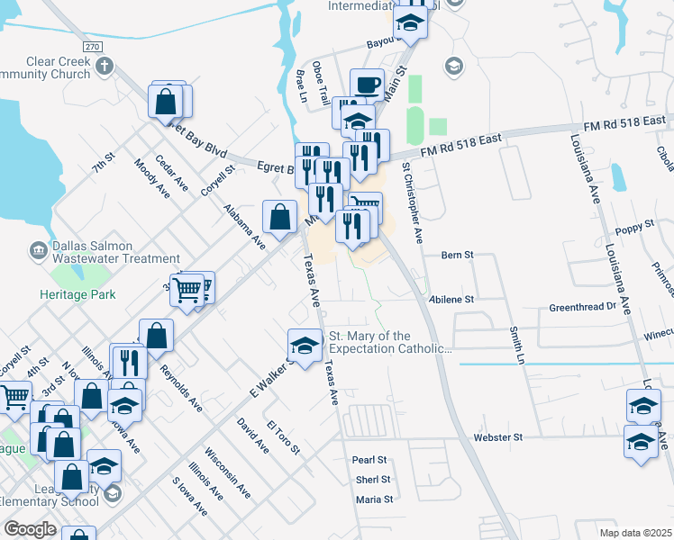 map of restaurants, bars, coffee shops, grocery stores, and more near 114 Texas Avenue in League City